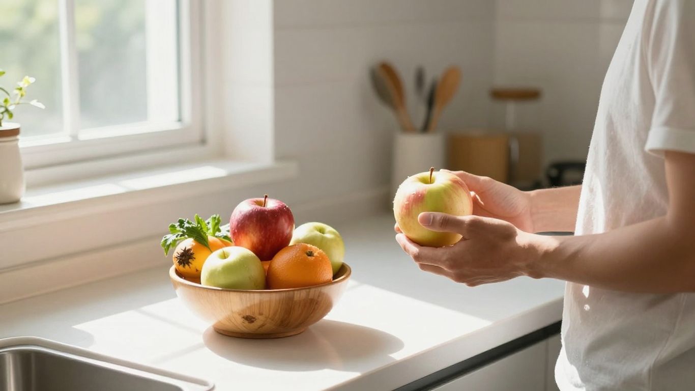 Person smiling with apple, healthy food.