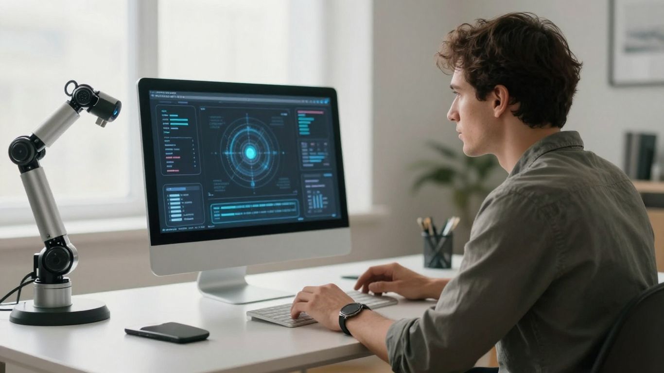 Person with AI robot arm at work desk