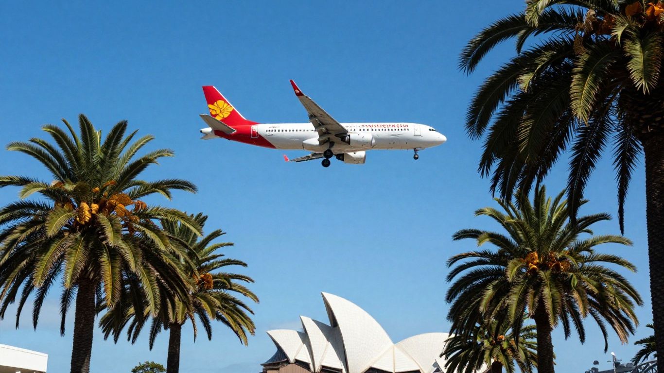Plane flying towards Australia with Sydney Opera House.