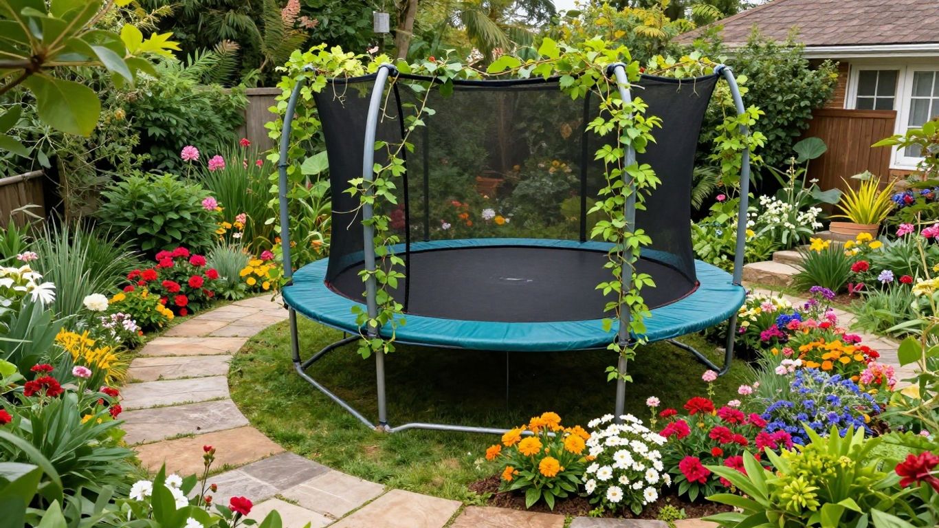 Trampoline transformed into a garden feature with flowers and plants.