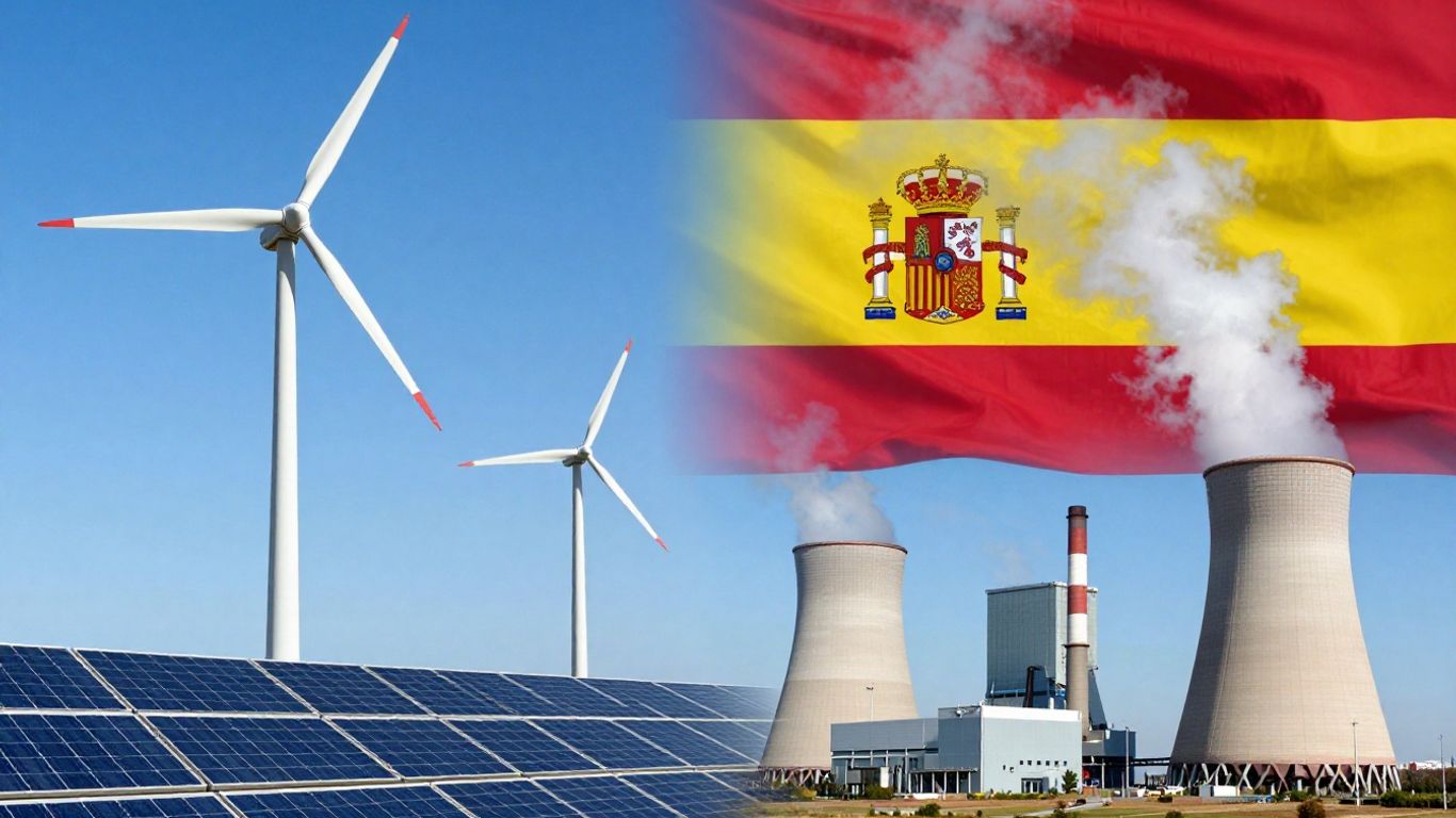 Éoliennes et panneaux solaires en Espagne, centrale électrique en France.