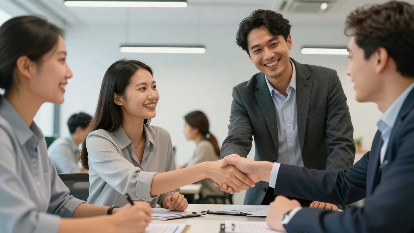 Profesionales sonriendo y colaborando en una oficina moderna.