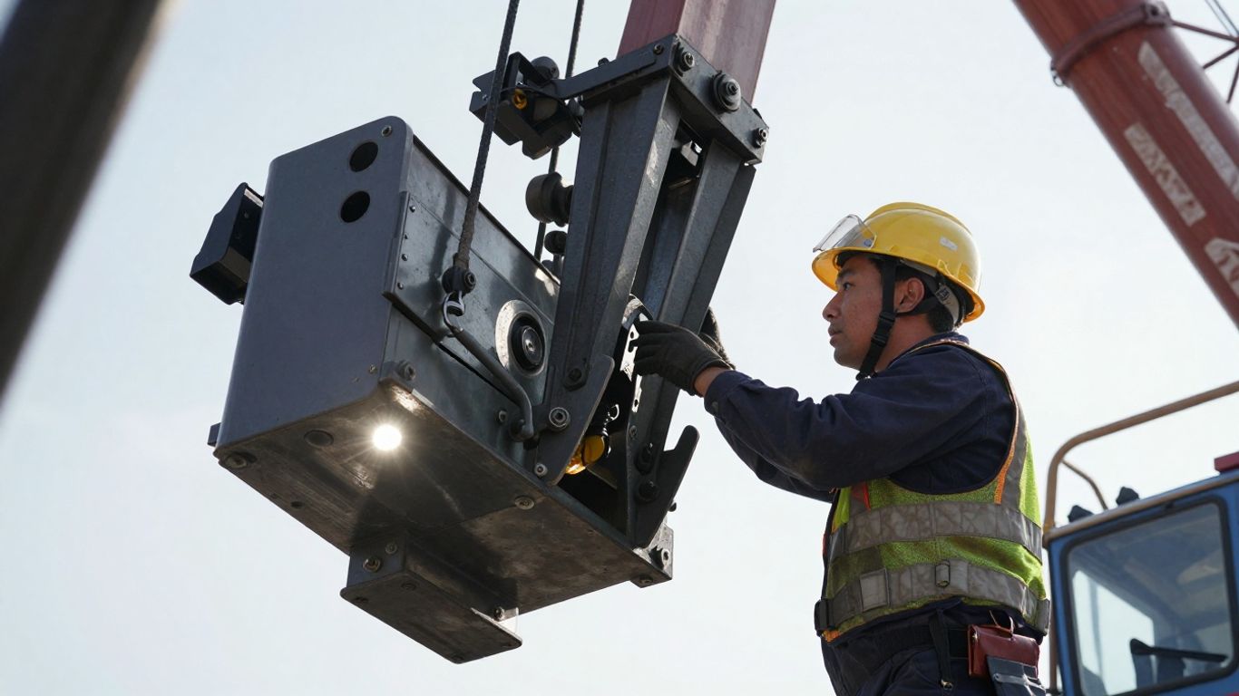 Worker inspecting a jib crane for safety.