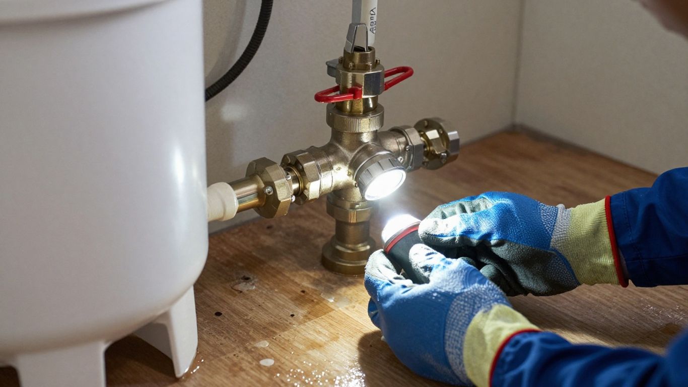 Technician inspecting a leaking water softener