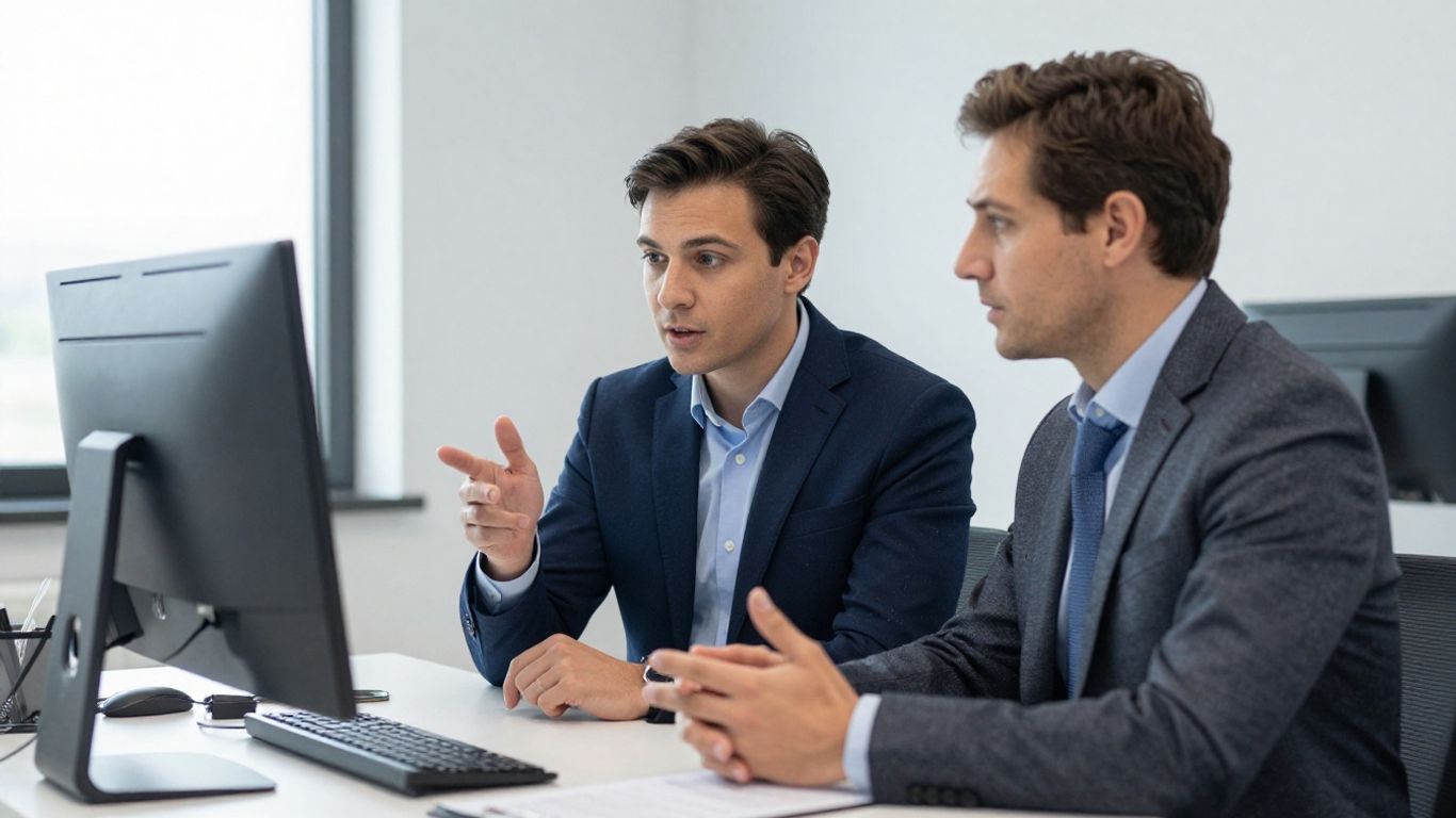 Zwei professionelle Personen im Gespräch in einem Büro.