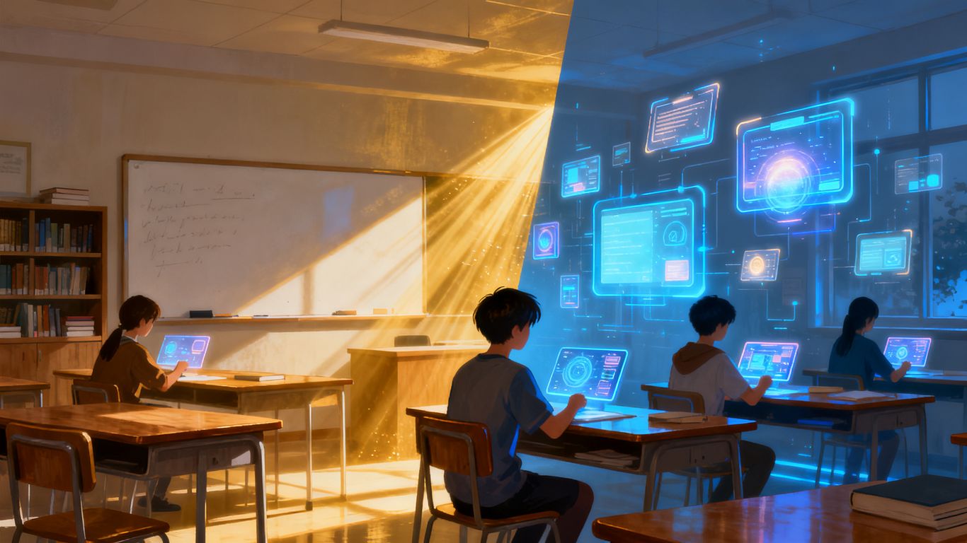Hybrid learning environment blending physical classroom and digital interfaces.