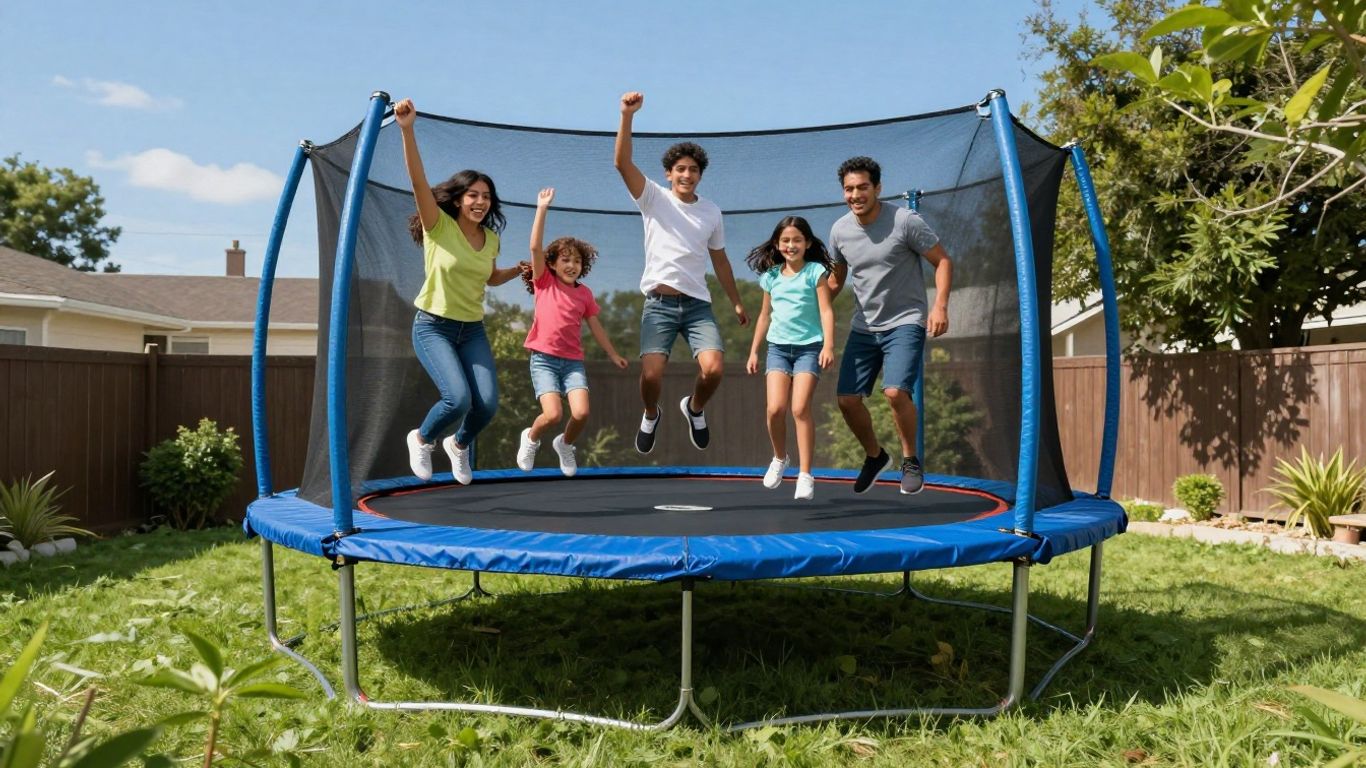 Family enjoying a backyard trampoline