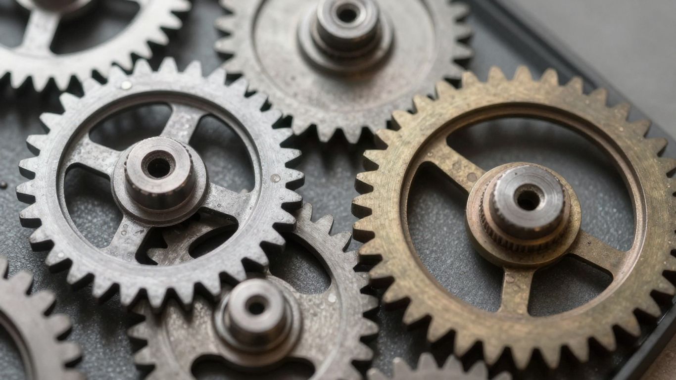 Interlocking gears, some bright, some dull, suggesting reward systems.