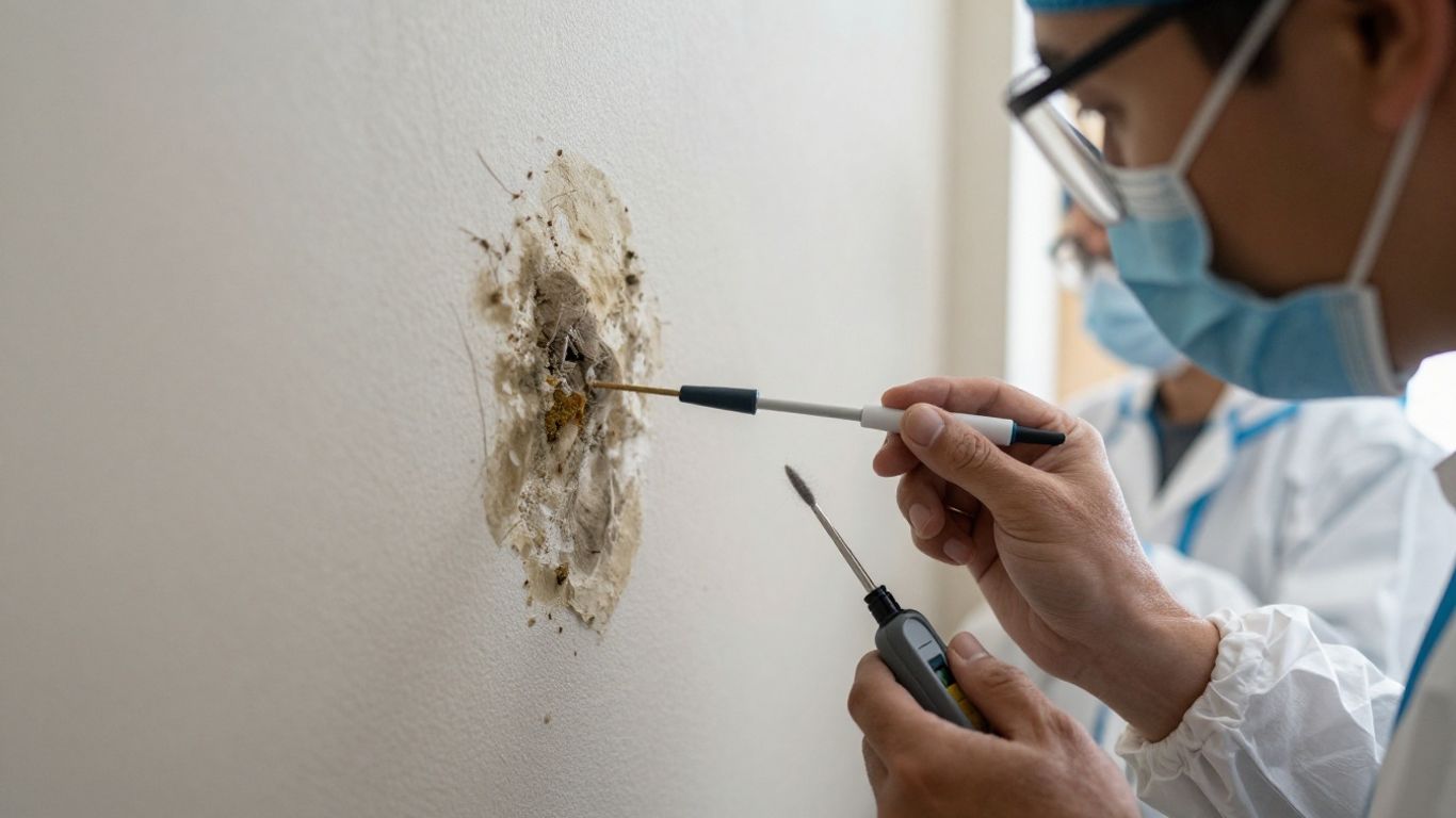 Home mold testing with protective gear and equipment.