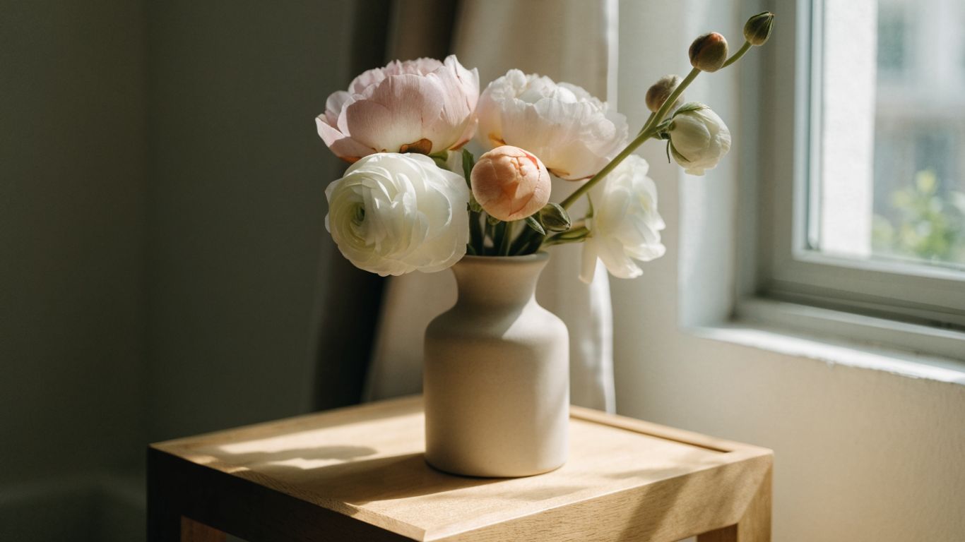 Soft flowers arranged beside a sunlit window