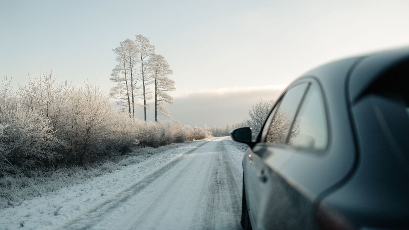 Car moving slowly on a snowy road in winter