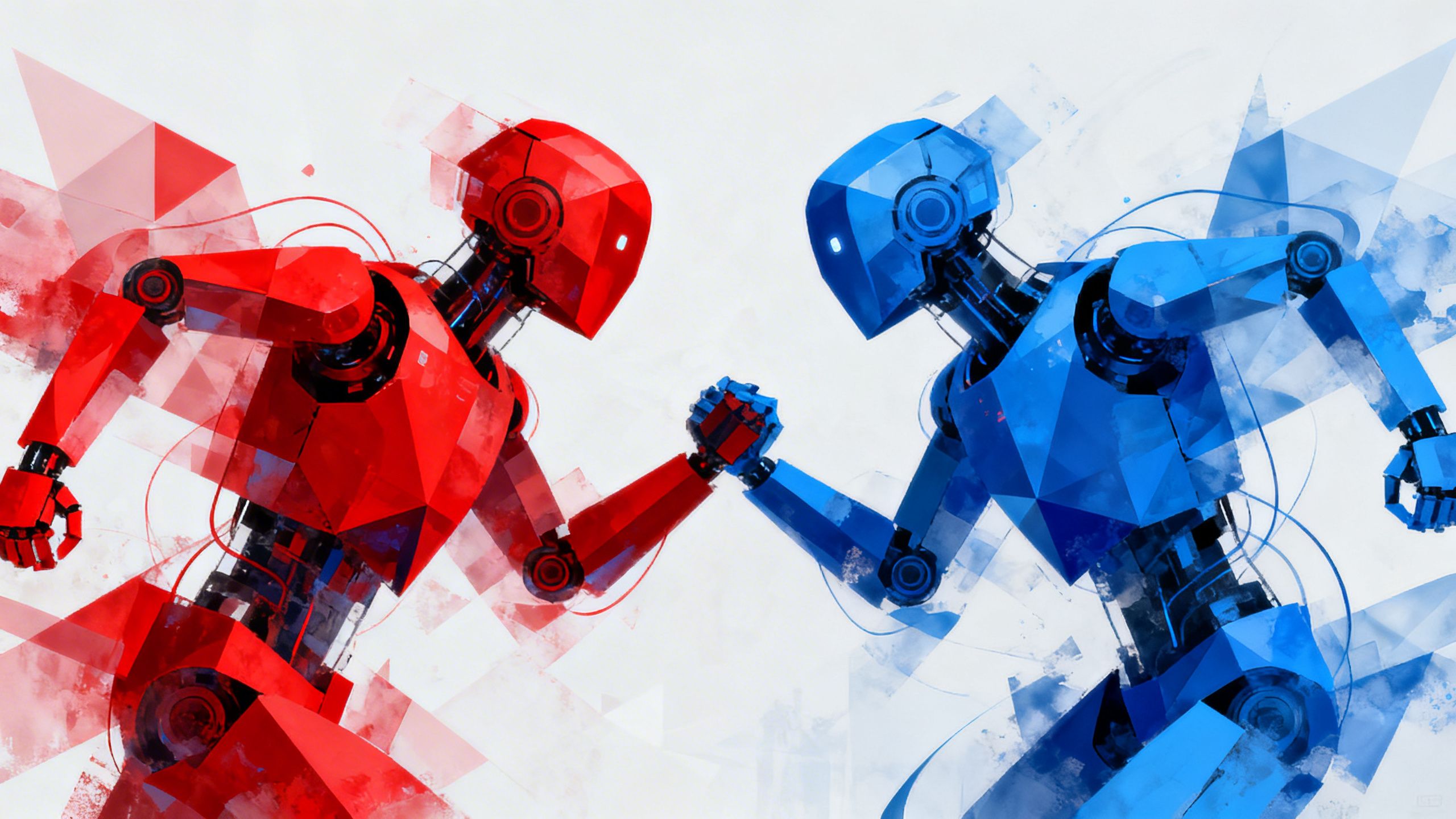 An abstract visualization of two AI bots, one red and one blue, competing against each other, representing adversarial AI testing.