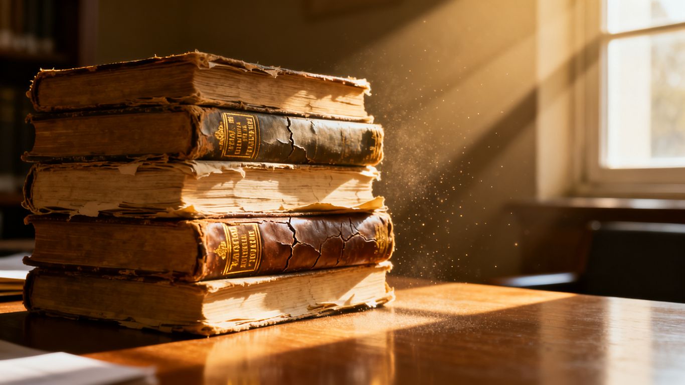 Stack of worn books with sunlight filtering through.