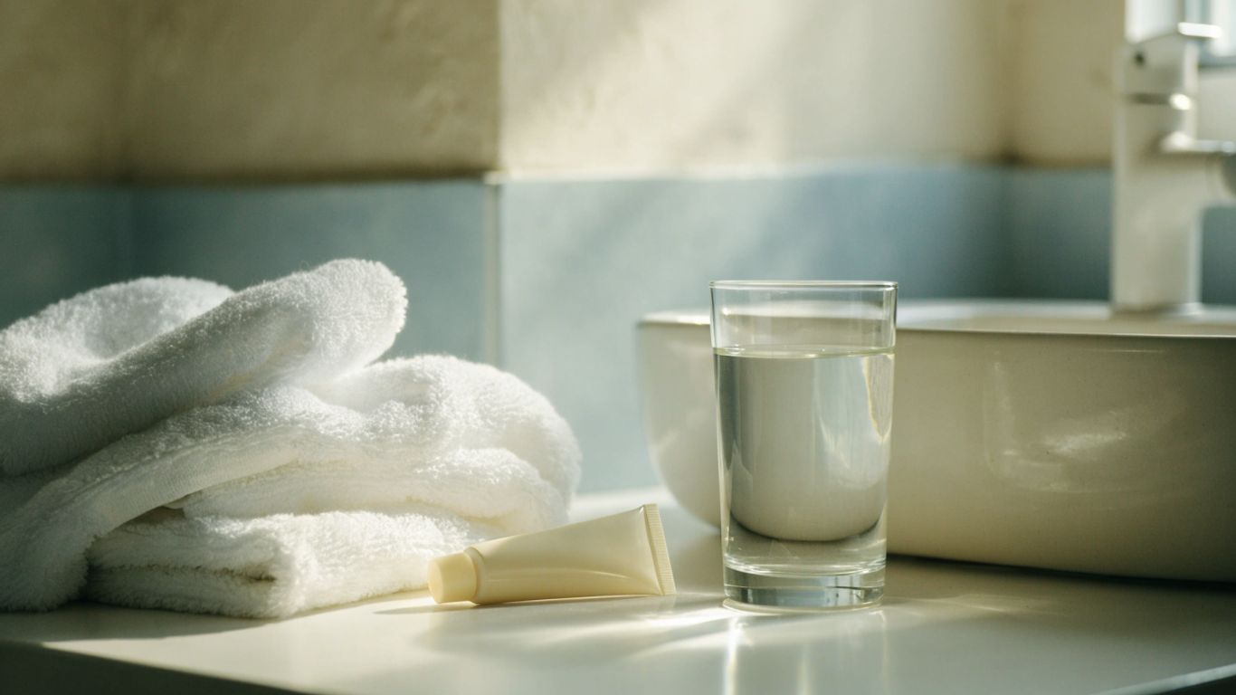 A small lubricant tube beside folded towels