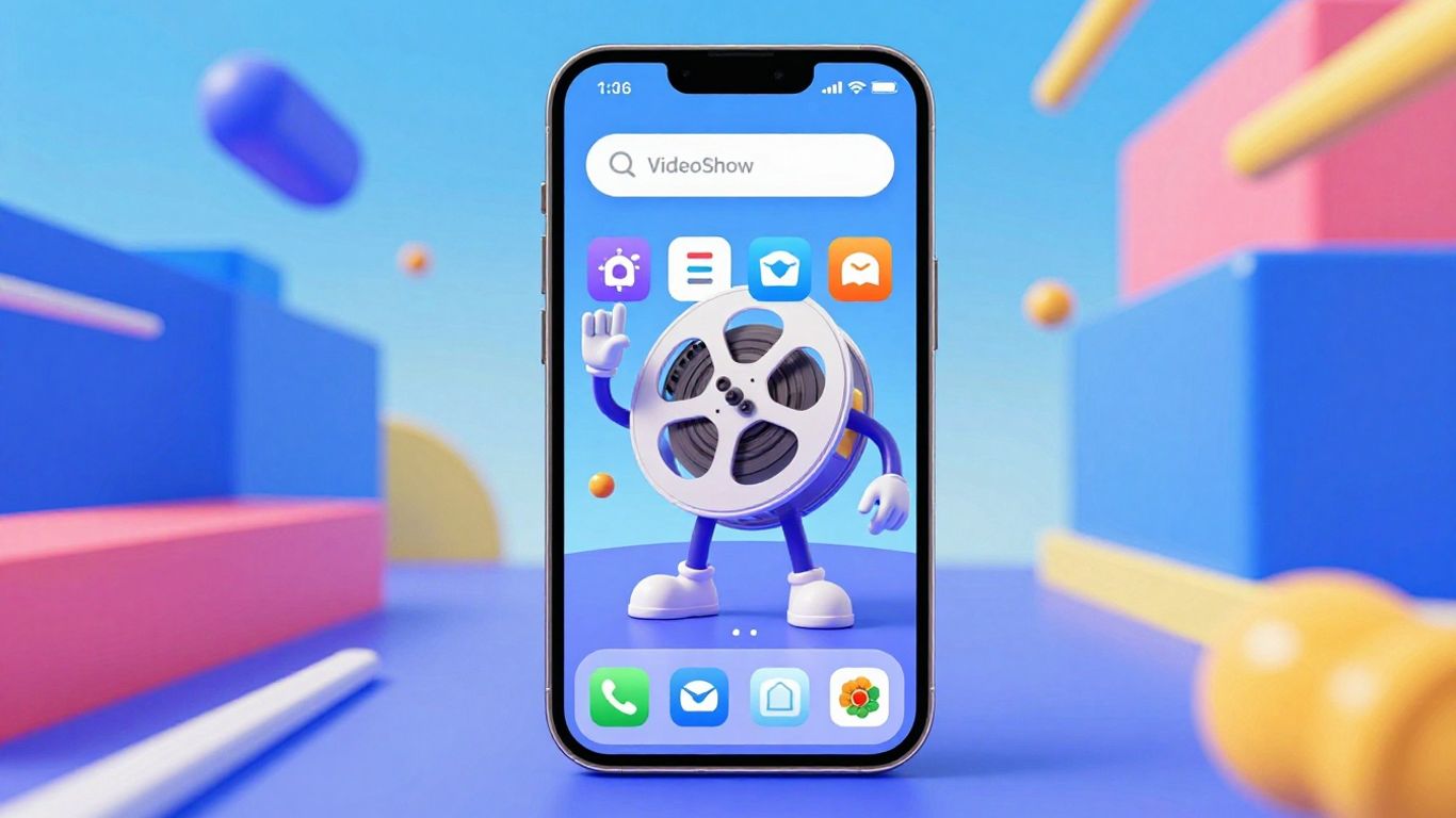 Tela de celular com aplicativo VideoShow e personagem animado