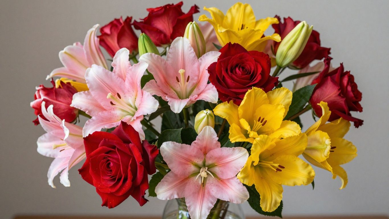 Fresh flower bouquet with roses, lilies, and tulips.