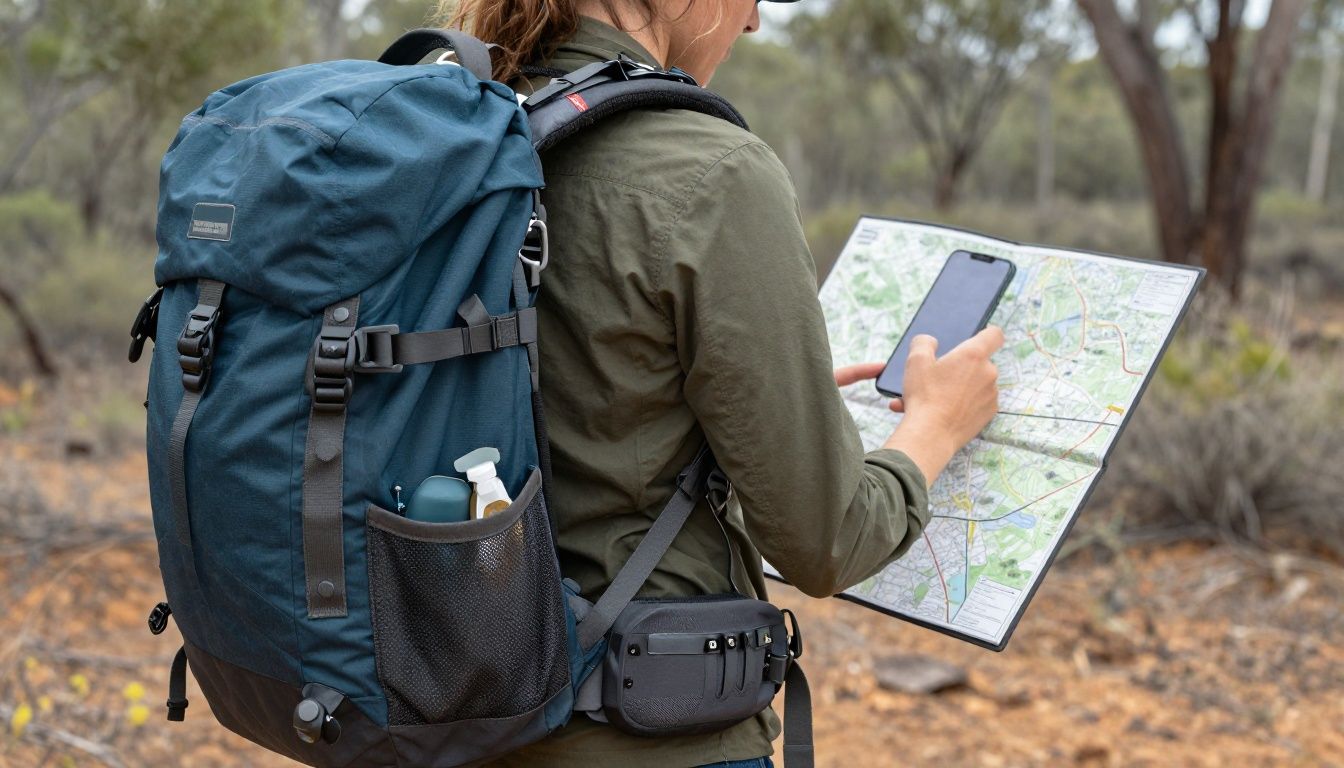 A person backpacking through the Australian bush, using their iPhone 17 in a sturdy case to check a map.