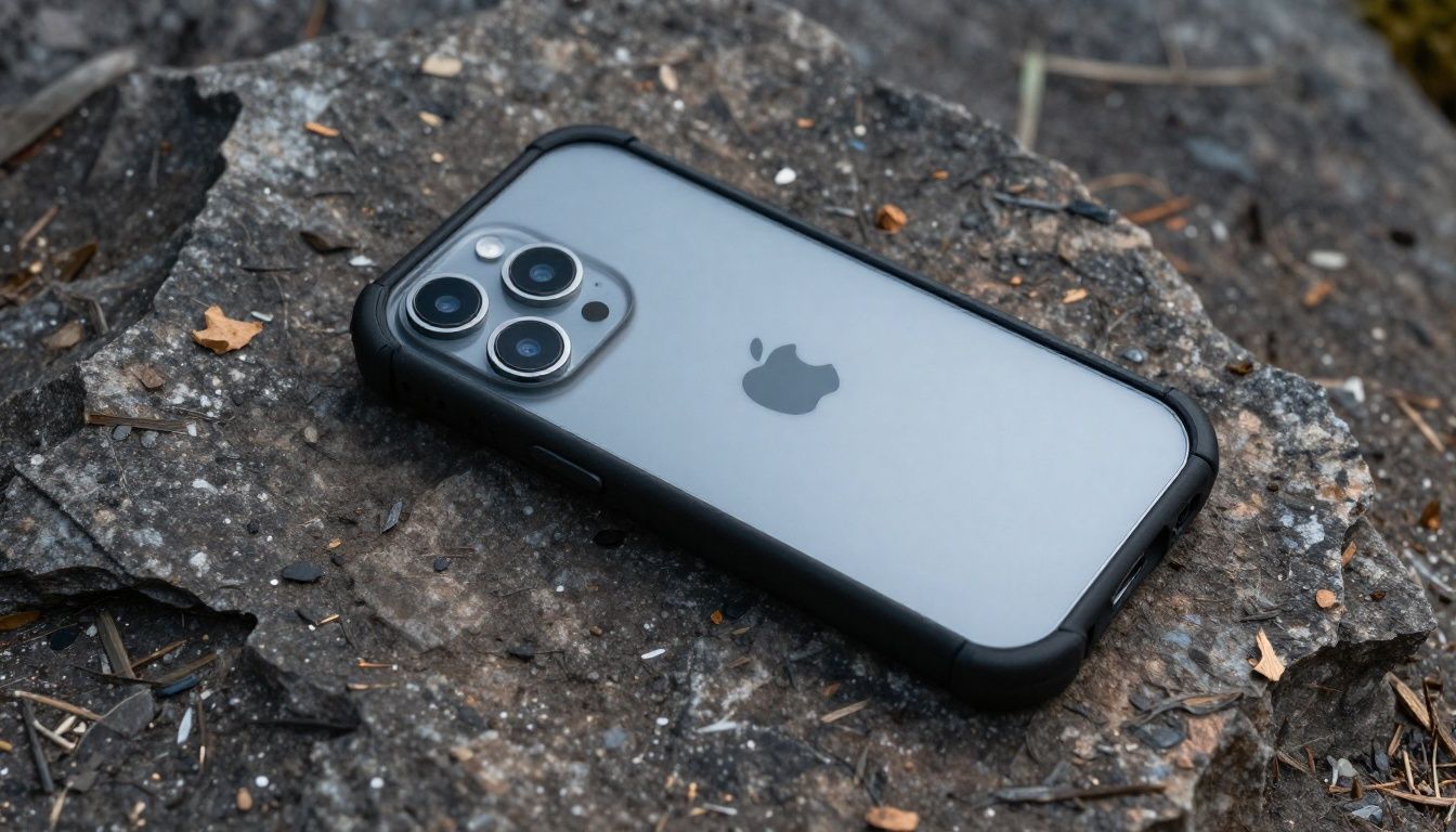 A person hiking in the Blue Mountains accidentally drops their iPhone 15 Pro Max, which is protected by a sturdy, heavy-duty case, onto a rocky path.