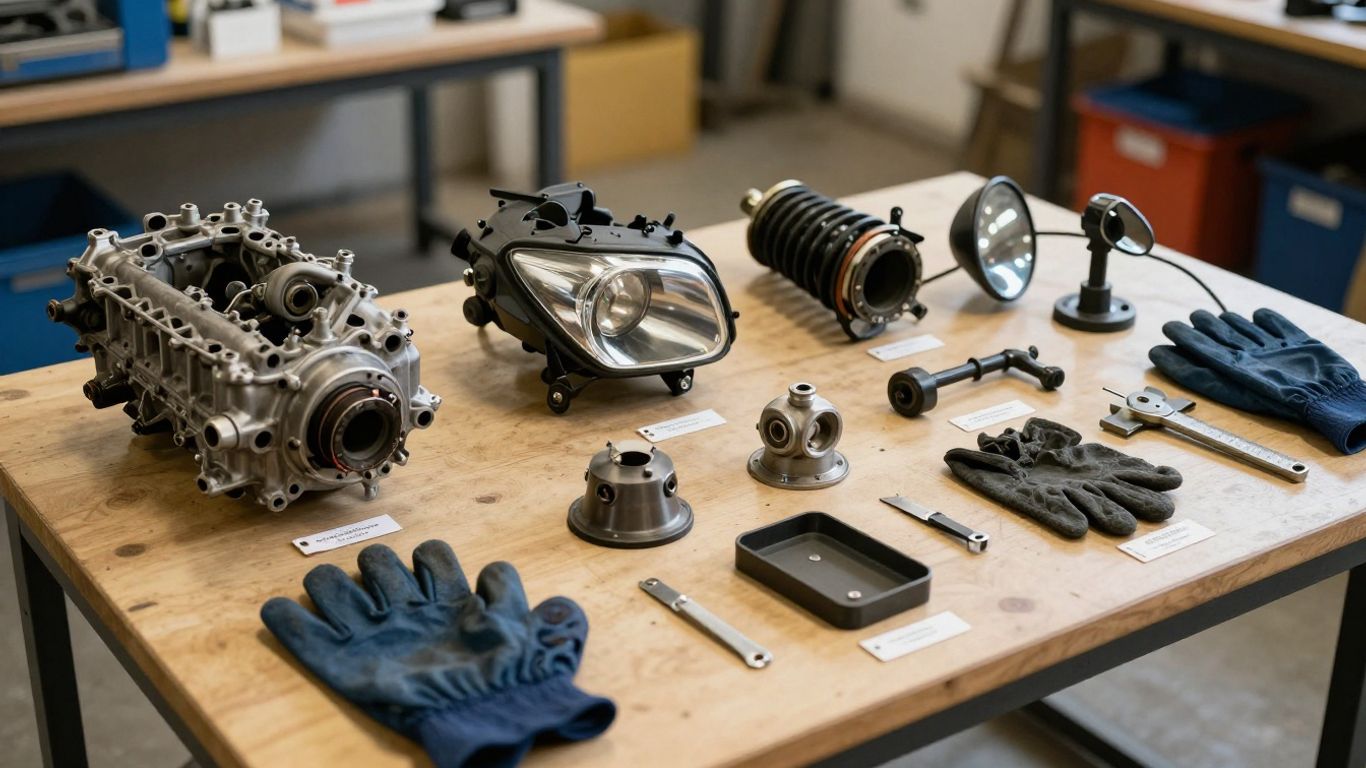 Used auto parts organized for inspection
