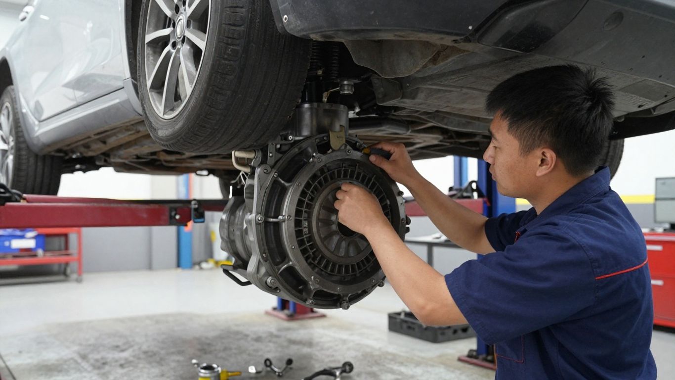 Technician inspecting a car drivetrain in a workshop