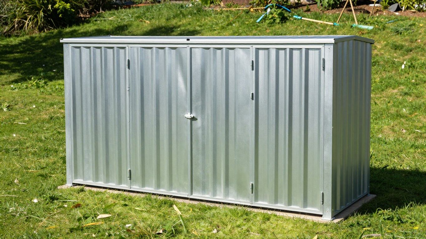 Metal storage shed in a backyard.