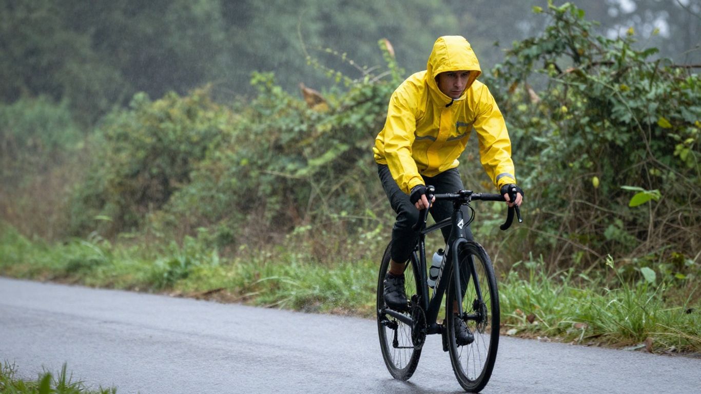 Fahrradfahrerin mit gelber Regenjacke im Regen