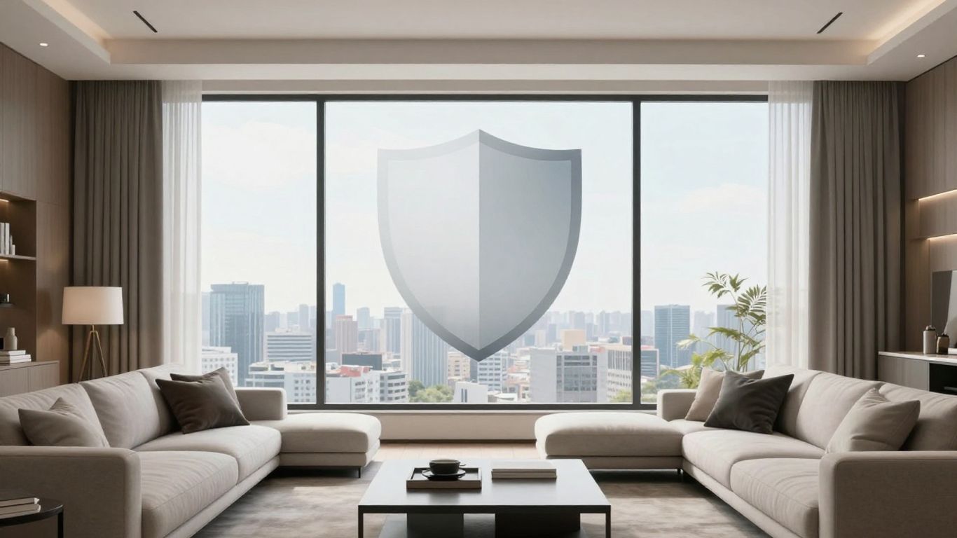 Sala de estar moderna con escudo abstracto de seguridad.