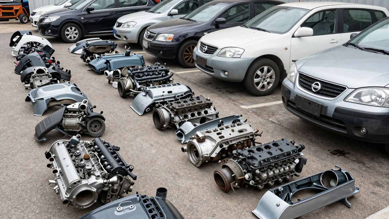Nissan auto parts at a wrecking yard.