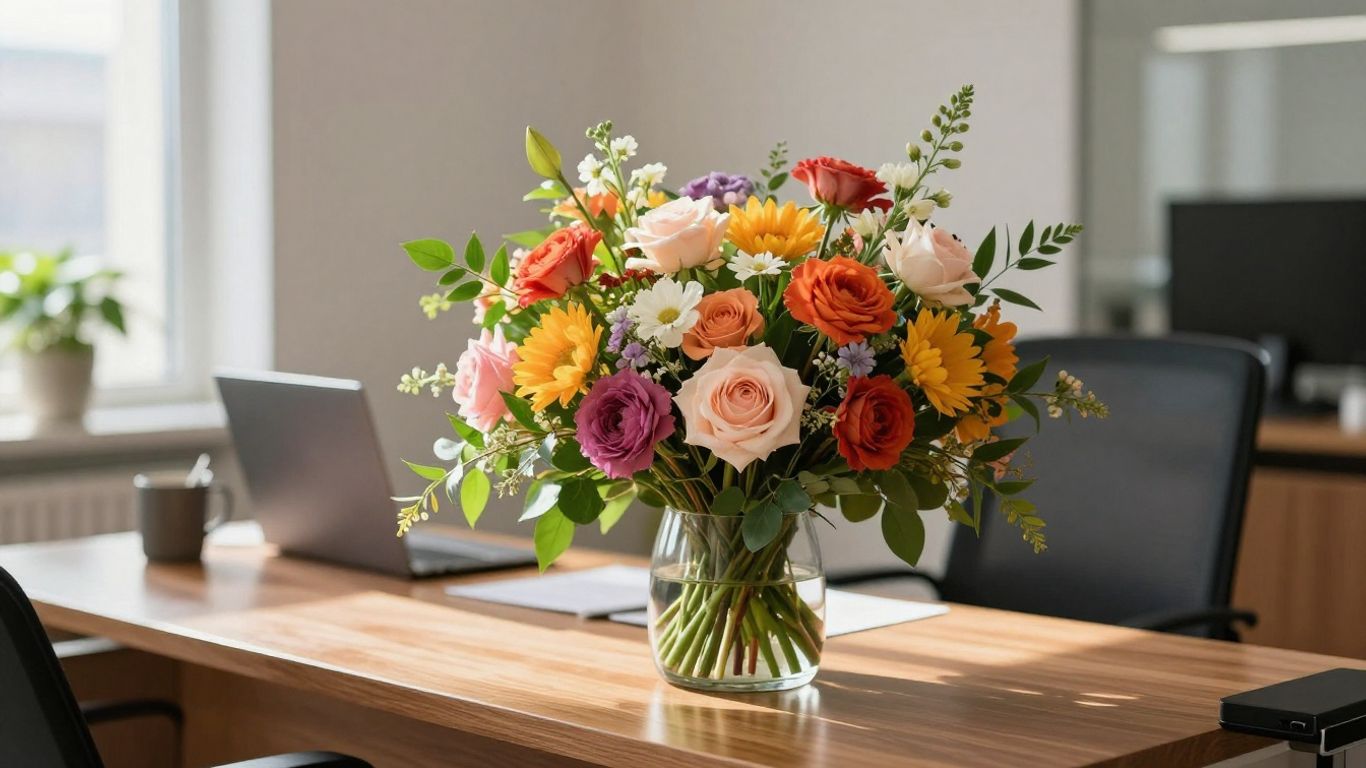 Elegant corporate flowers brightening an office desk.