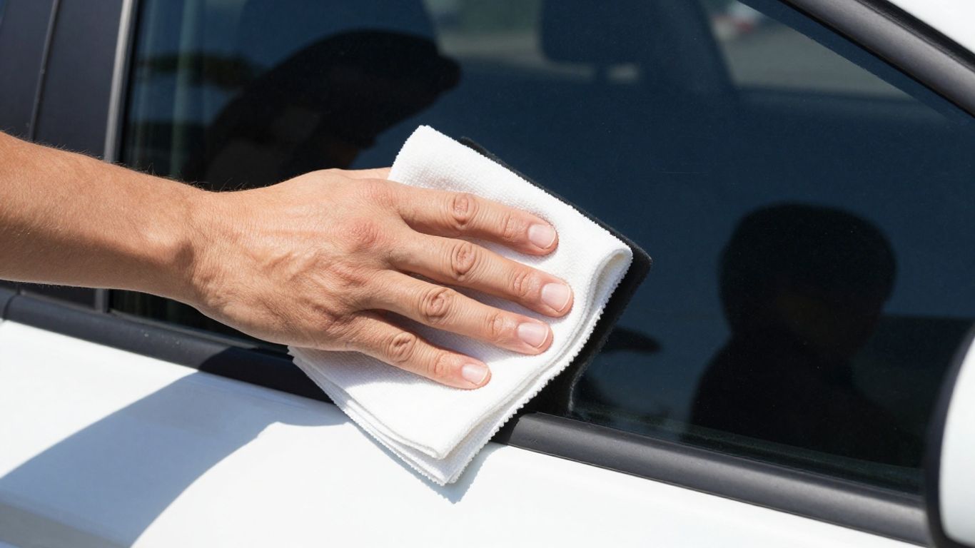 Cleaning car window tint with a microfiber cloth.