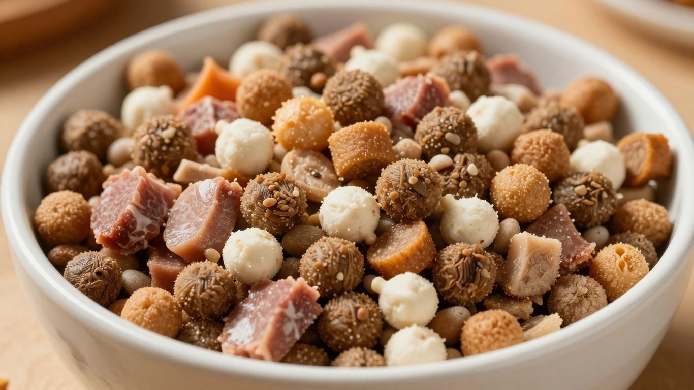 Bowl of 'boy kibble' with lean protein and carbs.
