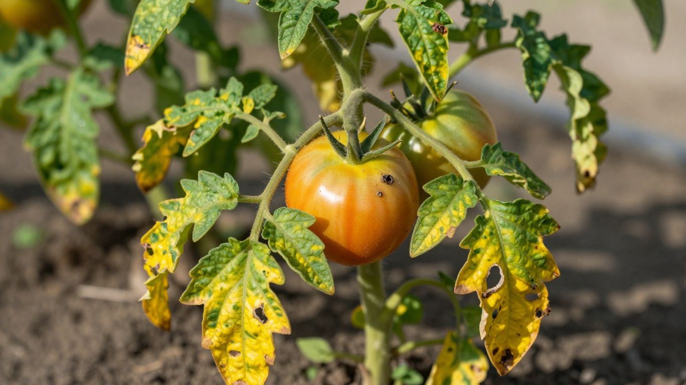 Tomatenpflanze mit gelben Blättern und welken Stielen