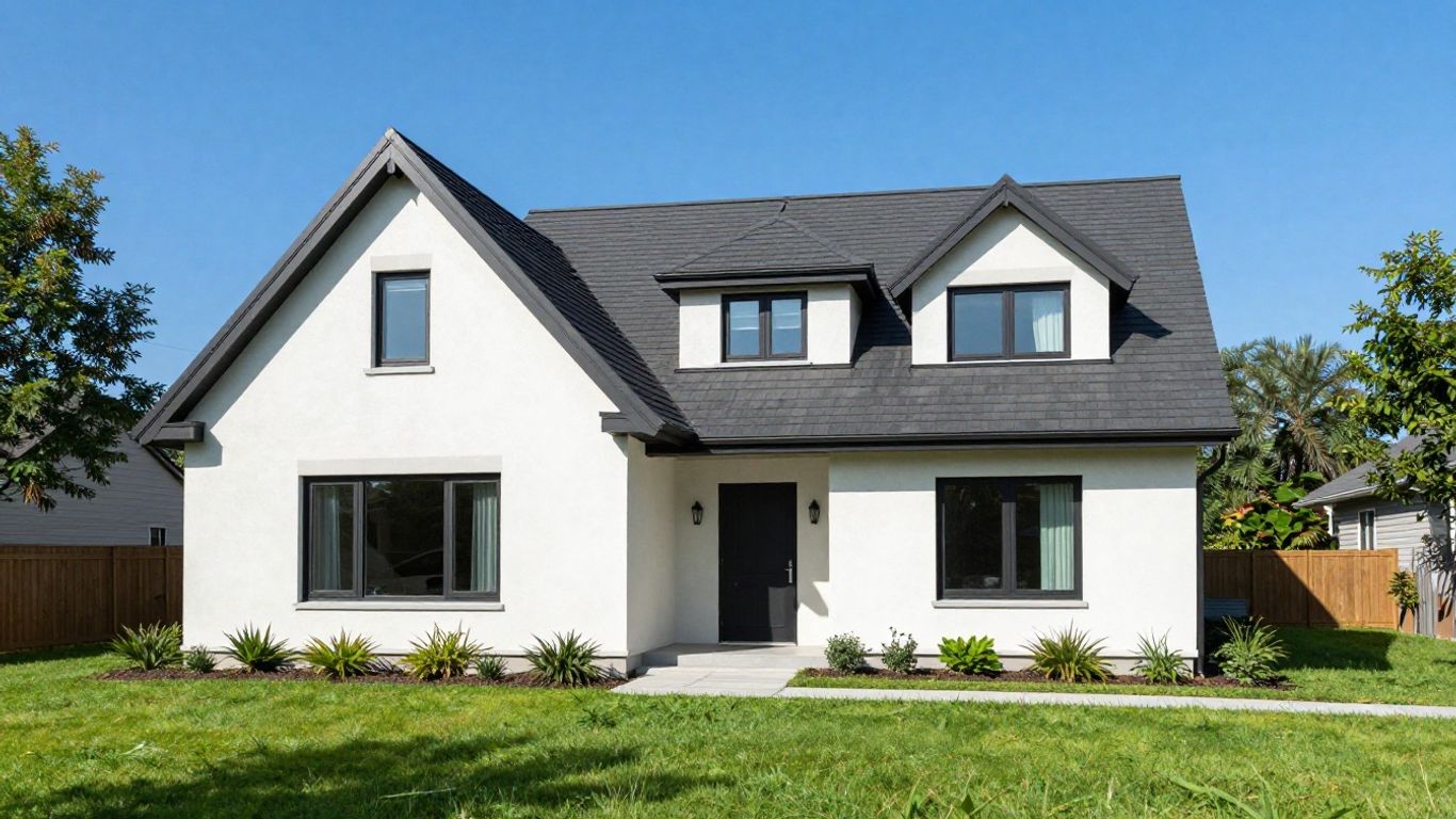 Casa moderna con césped verde y cielo azul.