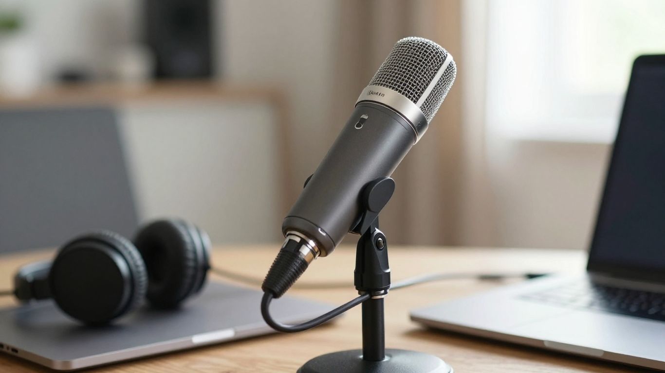 Equipo esencial para podcasting: micrófono, audífonos y laptop.