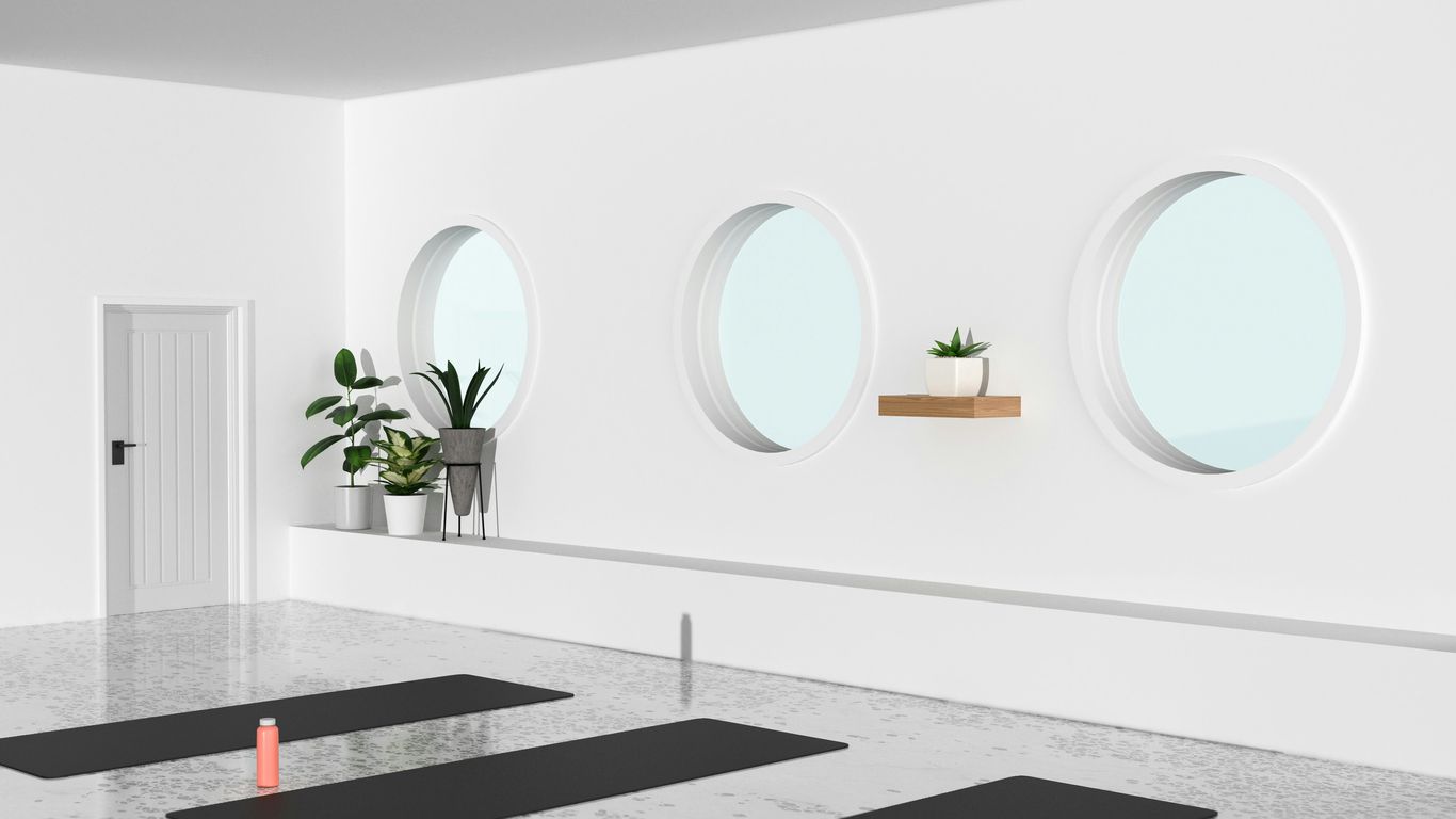 a room with three round windows and a potted plant