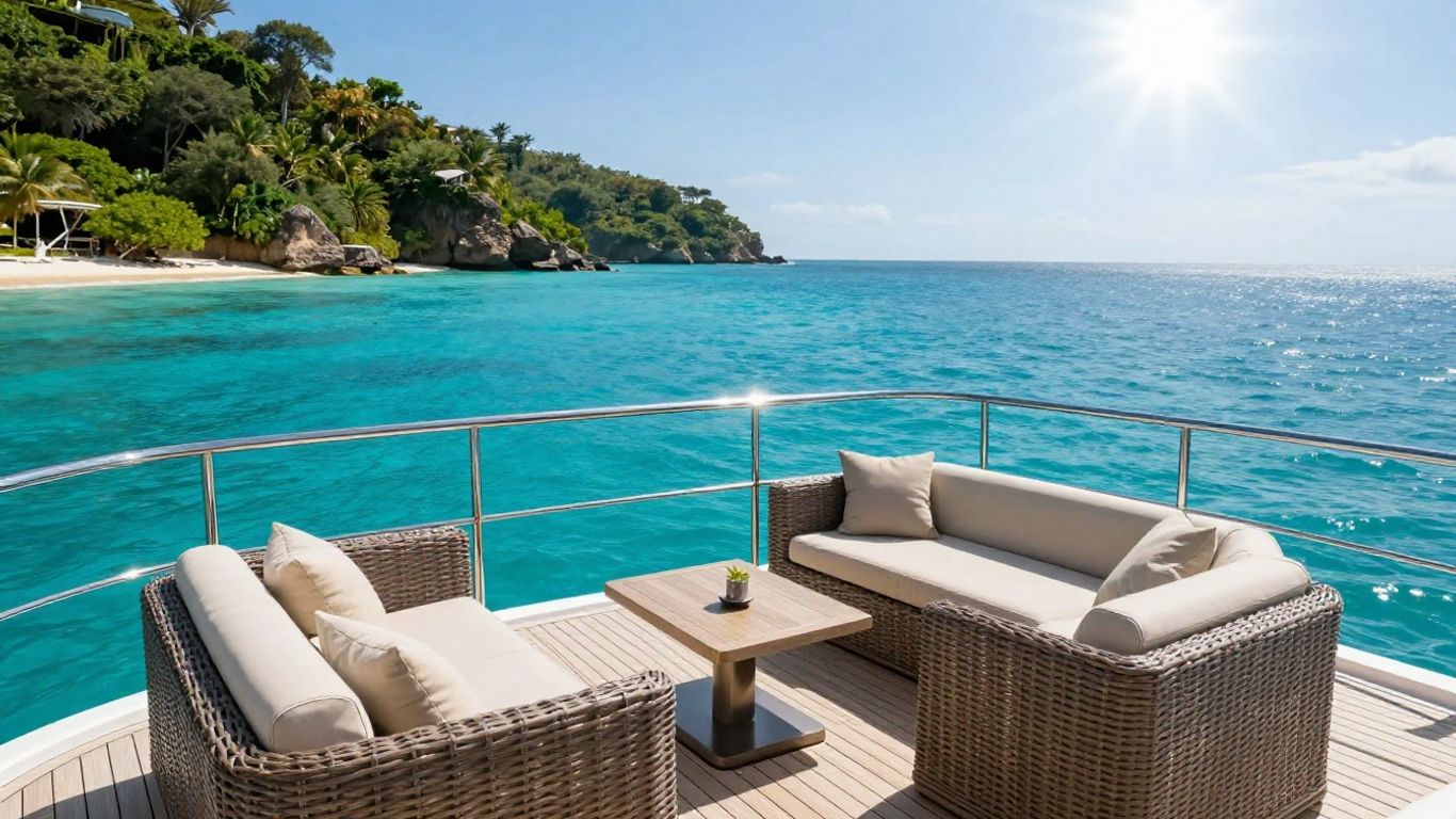 Luxurious yacht sailing on clear blue ocean waters.