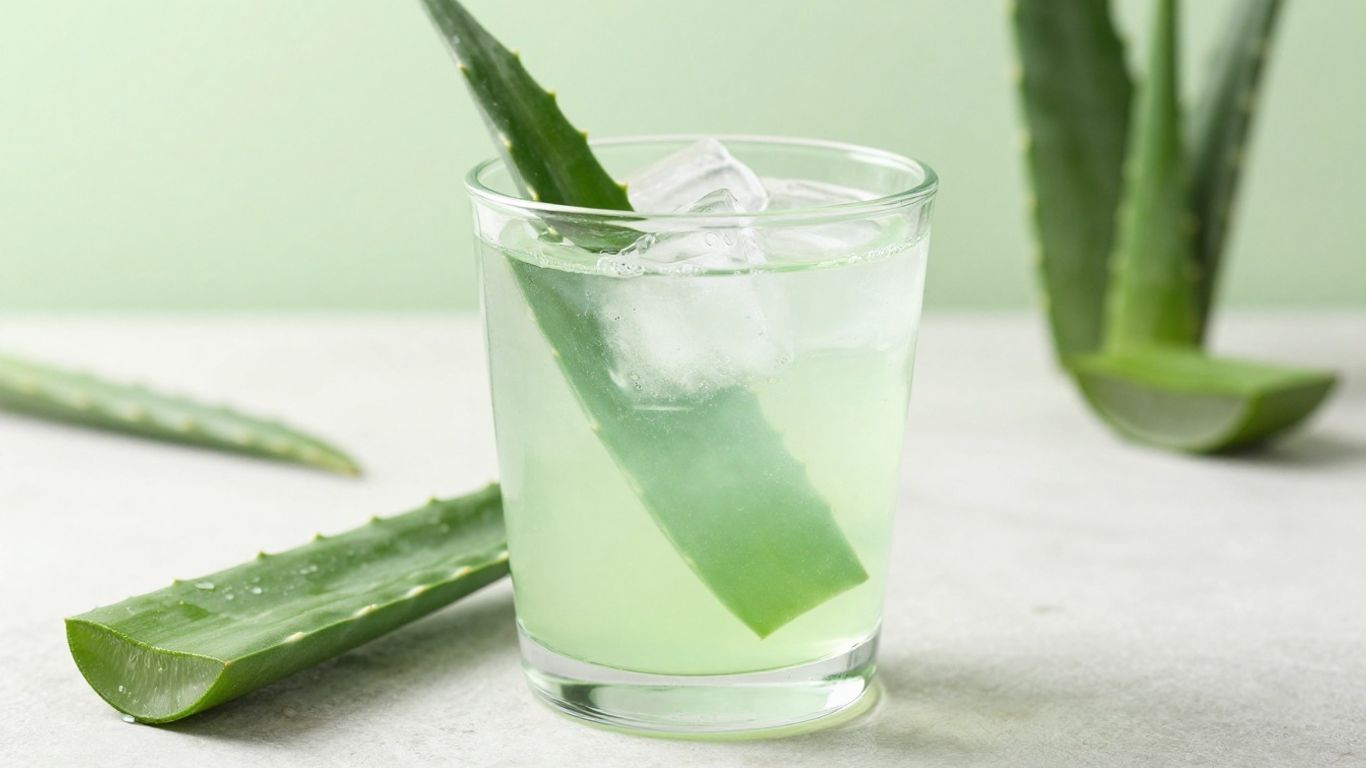 Herbalife Aloe Vera drink with fresh aloe leaf and ice.