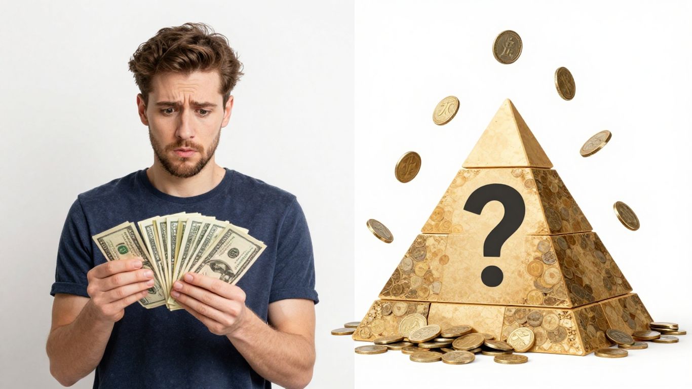 Dinero y pirámide con signo de interrogación.