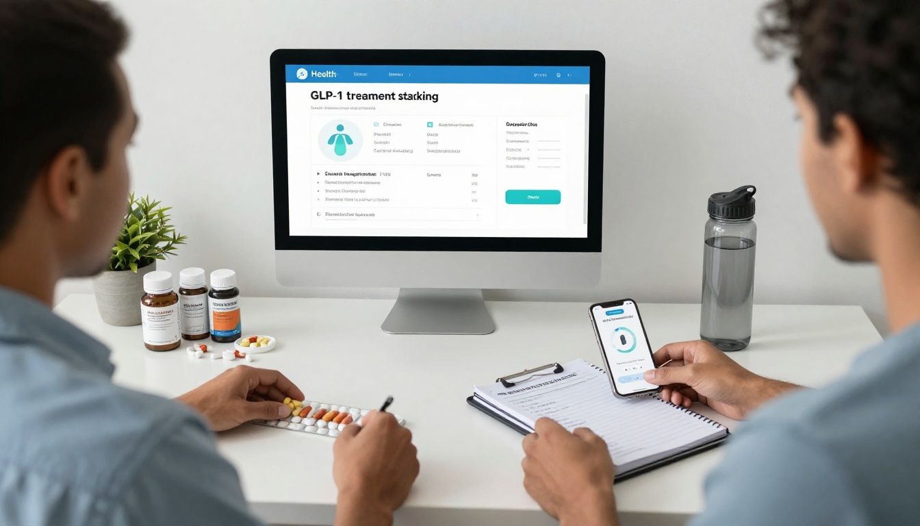 Bright modern health-tech scene with a diverse U.S. adult reviewing a GLP-1 treatment tracking app beside organized supplements, lab results, a fitness journal, and a water bottle on a clean desk; realistic photography, natural light, no text or logos