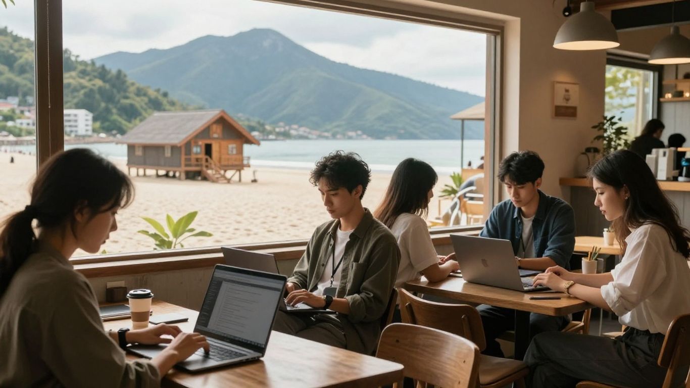 Remote AI engineers working in diverse scenic locations.