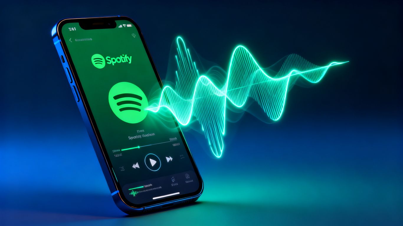 Spotify app on a phone with AI sound wave.