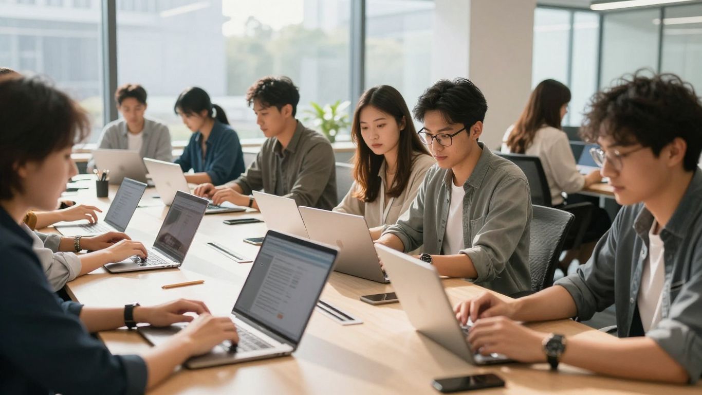 People working on laptops and tablets in a bright office.