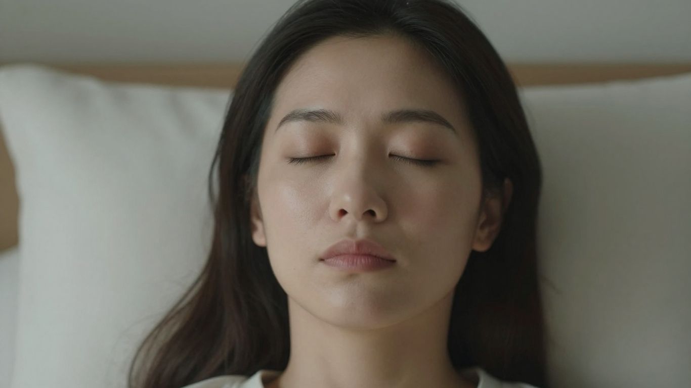 Person meditating with eyes closed, looking peaceful.