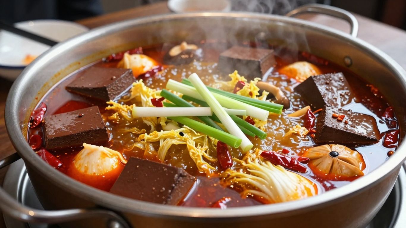 Pig blood tofu cubes in a steaming hot pot