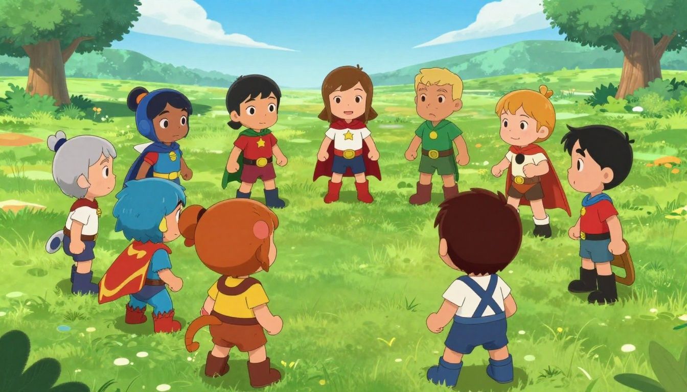 Um grupo variado de heróis fantásticos posicionados em um campo de batalha vibrante preparado para um confronto estratégico