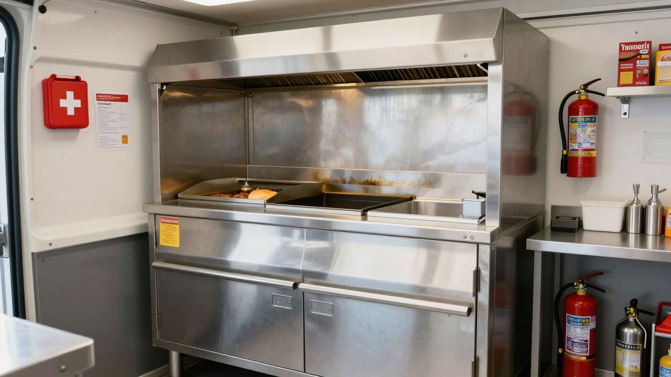 Burger van interior with cooking equipment and safety gear.