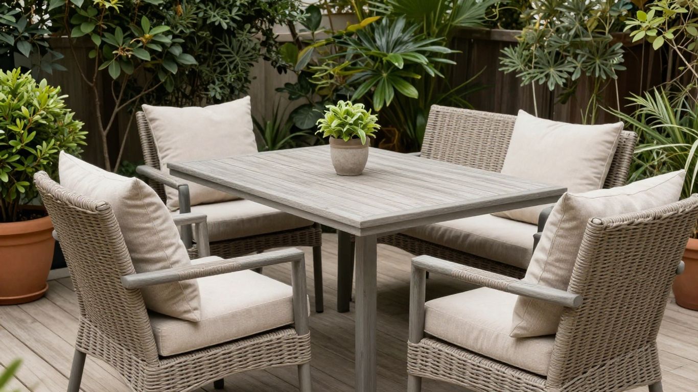 Outdoor dining chairs arranged around a garden table