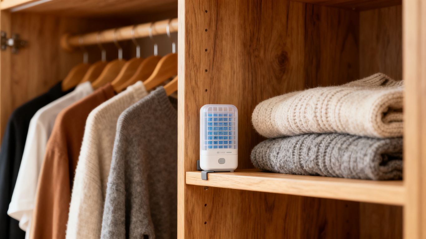 A moisture absorber placed inside a wooden wardrobe
