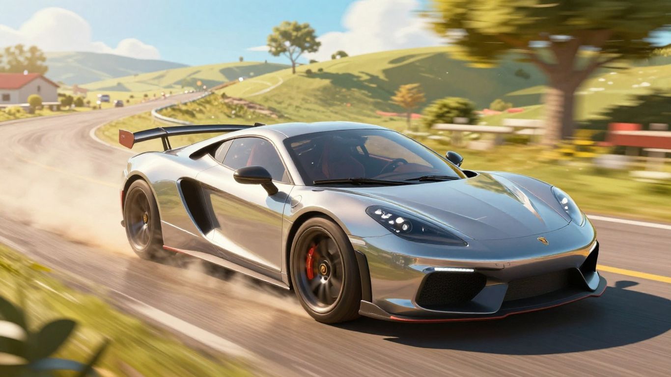 Sports car driving on a scenic road in a video game.