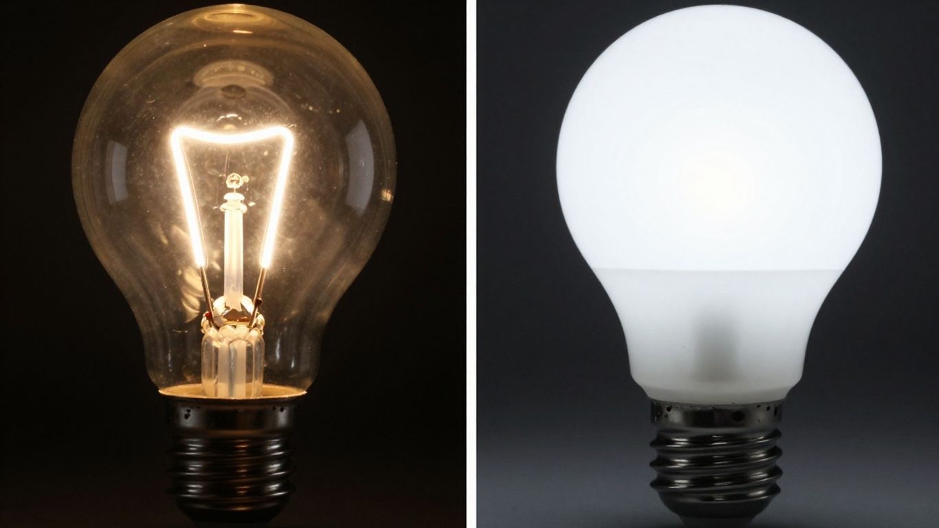 Halogen bulb versus LED bulb comparison.